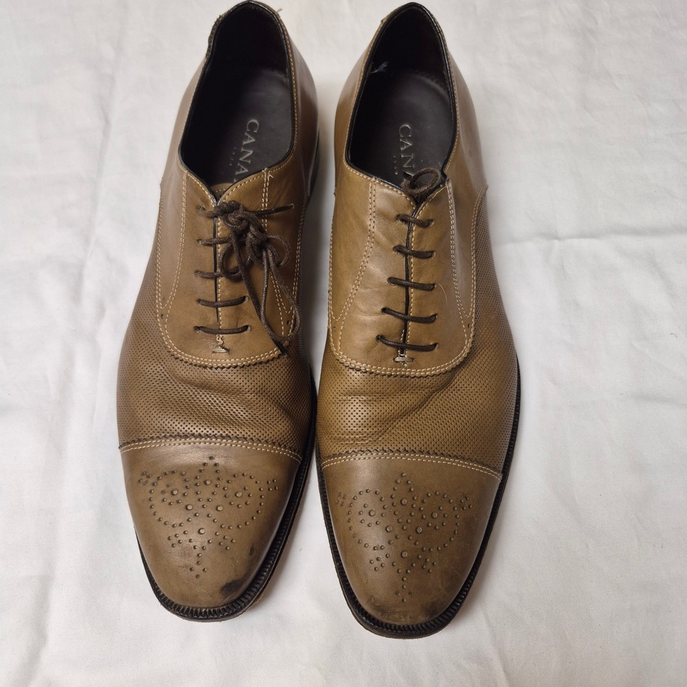 Canali Mens 641101 Tan Leather Perforated Cap Toe Oxford‎ Dress Shoes Italy 43